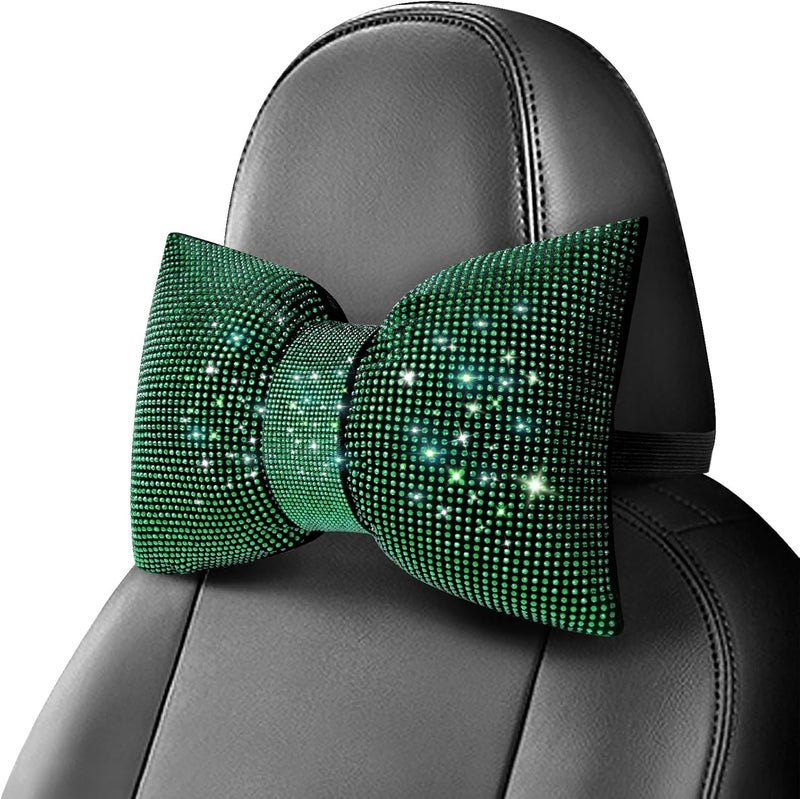 surpassme 2PCS Rhinestone Car Headrest Neck Pillow for Driving with Bling Bling Crystal Bow Pillow Car Accessories for Women (Green) - Image 2